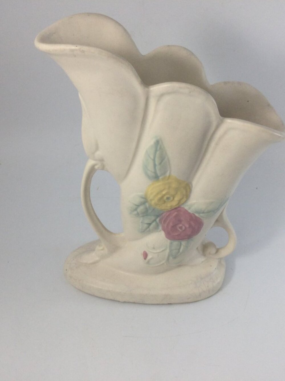Vintage Hull Pottery Vase Open Rose Pattern 8 1/2" T Cream Pink Mid 1940's